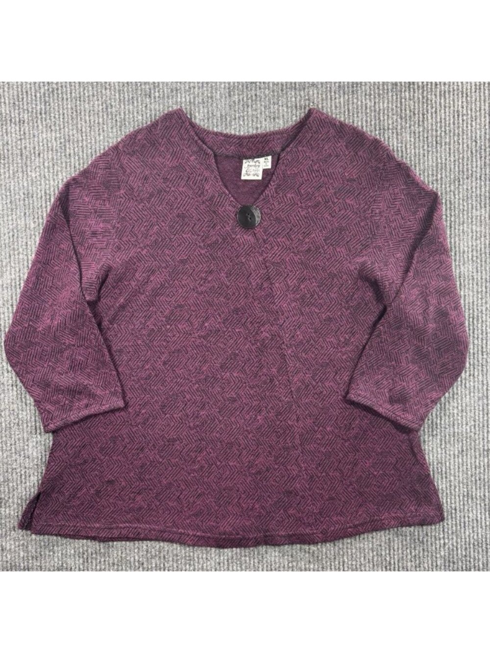 Parsley & Sage Knit Top Womens XL Purple Geometric V-Neck 3/4 Sleeve Button